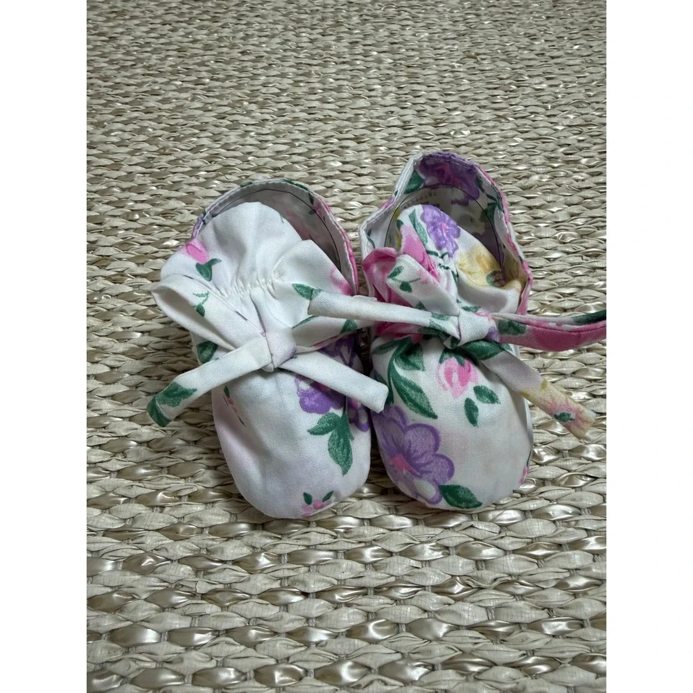 Vintage Floral Baby Booties Pink Cottagecore Bow Crib Shoes 3-6 Months infant